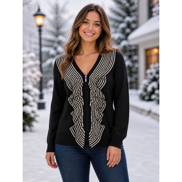 Cyrus Sweaters - Ruffle Style Cardigan Women Size Large Zip Up Girly Old Money Work Wear
